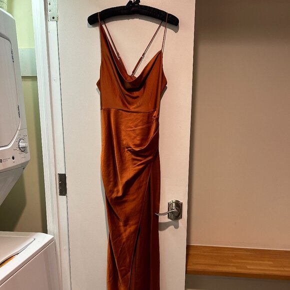 Nordstrom Asymmetrical Cowl Neck Satin Dress - Copper - US6 - Picture 4 of 10
